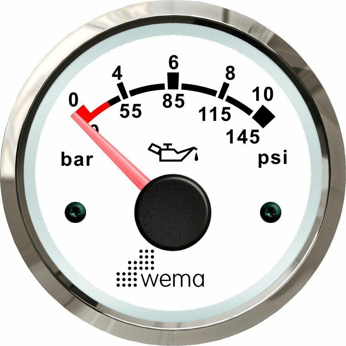 Wema Marin 10 Bar Yağ Basınç Göstergesi, 52 mm Krom-Beyaz