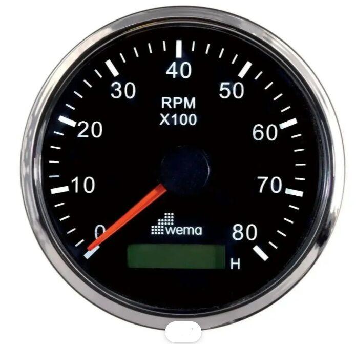 WEMA Çalışma Saatli Takometre, 4000 RPM 85 mm, Krom Çerçeve ve Siyah Kadran